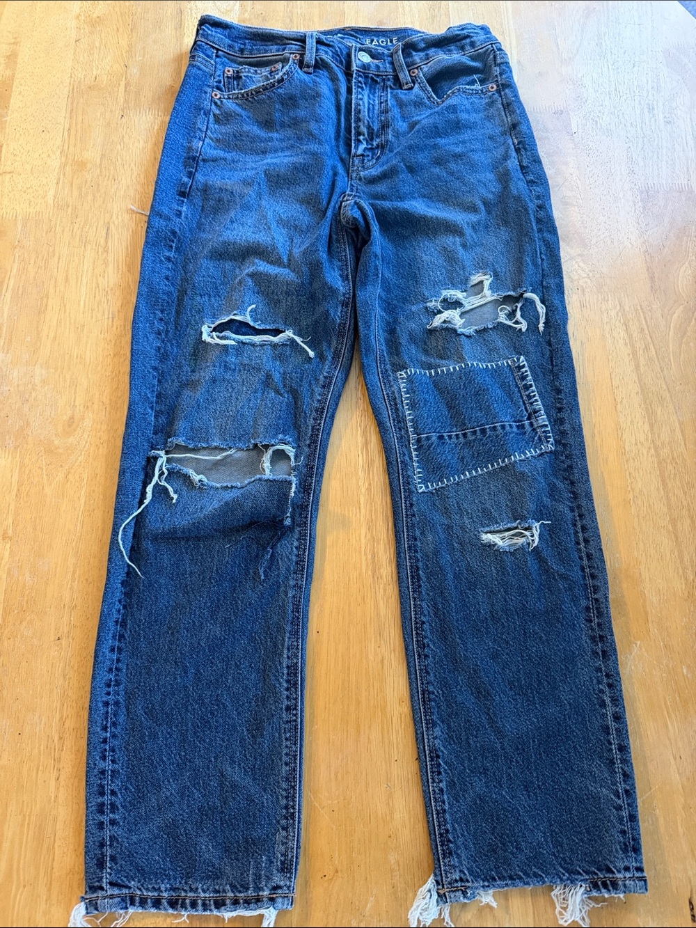 American Eagle Outfitters Distressed Dark Blue Straight Jeans
